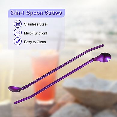 Stainless Steel Spoon Straws, 4Pcs 8.6" Reusable Metal Long Handle Drinking Straws Spoon