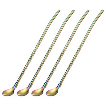 Stainless Steel Spoon Straws, 4 pc 8.6" Reusable Metal Long Handle Drinking Straws Spoon
