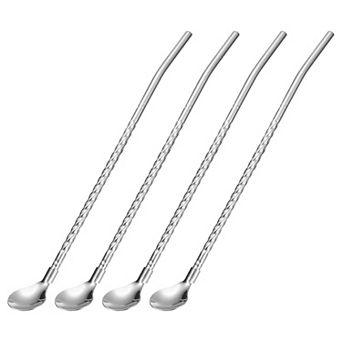 Stainless Steel Spoon Straws, 4 pc 8.6" Reusable Metal Long Handle Drinking Straws Spoon