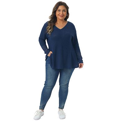 Plus Size Waffle Knit Tops for Women V Neck Lace Patchwork Long Sleeve Lightweight Babydoll Blouse