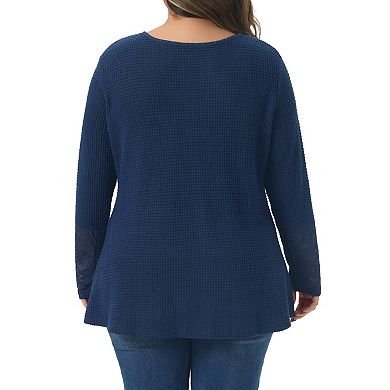Plus Size Waffle Knit Tops for Women V Neck Lace Patchwork Long Sleeve Lightweight Babydoll Blouse