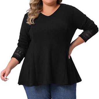 Plus Size Waffle Knit Tops for Women V Neck Lace Patchwork Long Sleeve Lightweight Babydoll Blouse