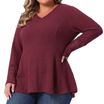 Plus Size Waffle Knit Tops for Women V Neck Lace Patchwork Long Sleeve Lightweight Babydoll Blouse