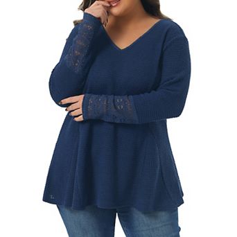 Plus Size Waffle Knit Tops for Women V Neck Lace Patchwork Long Sleeve Lightweight Babydoll Blouse