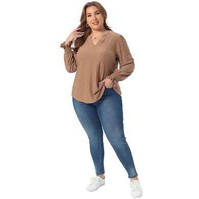 Plus Size Tops for Women Eyelet Notched V Neck Smocked Long Sleeve Hollow Out Blouses