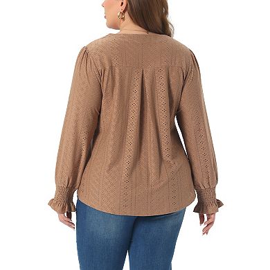 Plus Size Tops for Women Eyelet Notched V Neck Smocked Long Sleeve Hollow Out Blouses