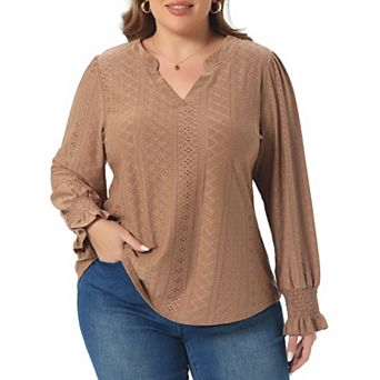 Plus Size Tops for Women Eyelet Notched V Neck Smocked Long Sleeve Hollow Out Blouses