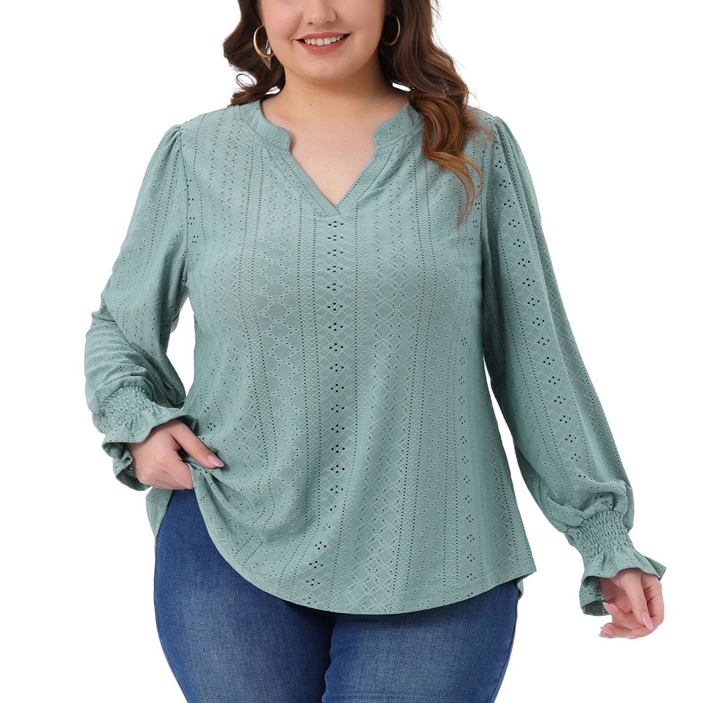 Plus Size Tops for Women Eyelet Notched V Neck Smocked Long Sleeve ...