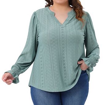 Plus Size Tops for Women Eyelet Notched V Neck Smocked Long Sleeve Hollow Out Blouses