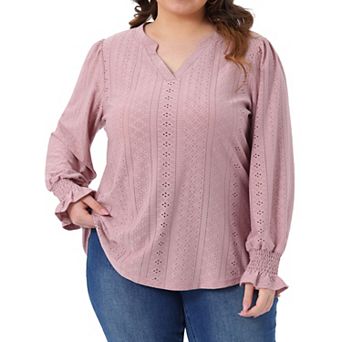 Plus Size Tops for Women Eyelet Notched V Neck Smocked Long Sleeve Hollow Out Blouses