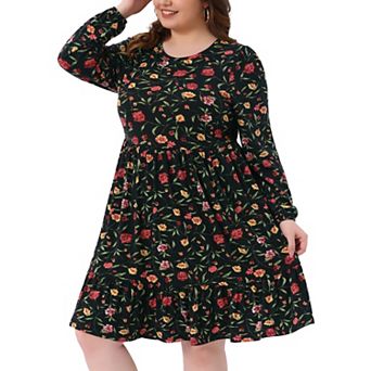 Plus Size Fall Dress for Women Round Neck Long Sleeve Pleated Tiered Midi Floral Dresses