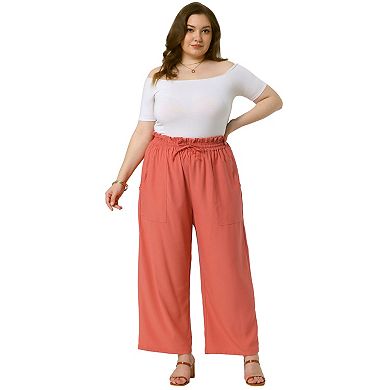 Plus Size Women's Baggy Wide Leg Elastic High Waist Palazzo Pants with Pockets Drawstring Trousers