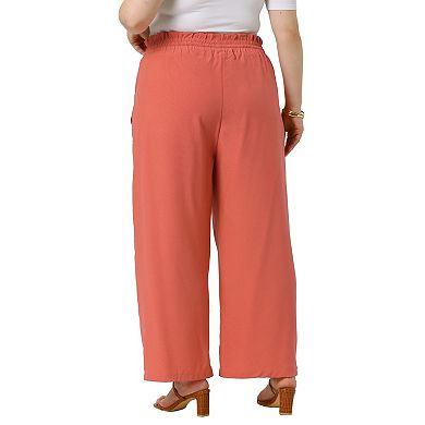 Plus Size Women's Baggy Wide Leg Elastic High Waist Palazzo Pants with Pockets Drawstring Trousers