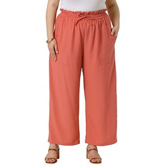 Plus Size Women's Baggy Wide Leg Elastic High Waist Palazzo Pants with Pockets Drawstring Trousers