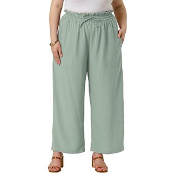 Plus Size Women's Baggy Wide Leg Elastic High Waist Palazzo Pants with Pockets Drawstring Trousers
