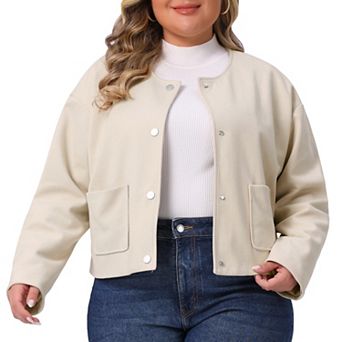 Women's Plus Size Cropped Jackets Single Breasted Bomber Jacket Long Sleeve Shacket Coat with Pocket
