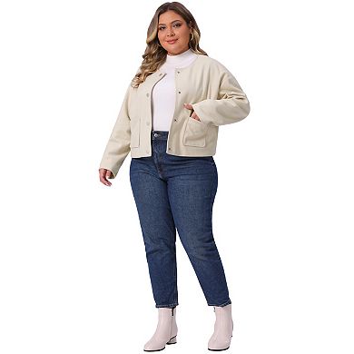 Women's Plus Size Cropped Jackets Single Breasted Bomber Jacket Long Sleeve Shacket Coat with Pocket