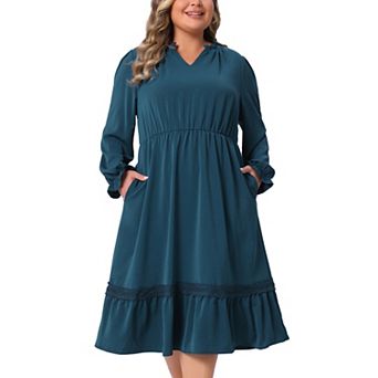 Plus Size Women's Ruffle V Neck Long Sleeve Tiered Midi Dress Flowy A Line Layered Fall Dress Casual