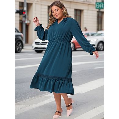Plus Size Women's Ruffle V Neck Long Sleeve Tiered Midi Dress Flowy A Line Layered Fall Dress Casual