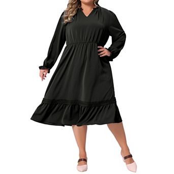 Plus Size Women's Ruffle V Neck Long Sleeve Tiered Midi Dress Flowy A Line Layered Fall Dress Casual