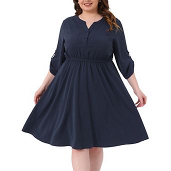 Plus Size Dresses for Women Notch V Neck 3/4 Rolled Sleeve Button Work Midi Shirt Dress