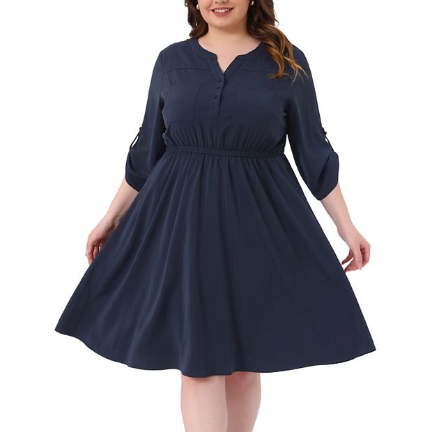 Plus Size Dresses for Women Notch V Neck 3/4 Rolled Sleeve Button Work Midi  Shirt