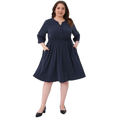 Plus Size Dresses for Women Notch V Neck 3/4 Rolled Sleeve Button Work Midi Shirt Dress