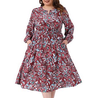 Plus Size Dresses for Women Boho Floral Notched V Neck Long Sleeve A Line Midi Dress with Pockets