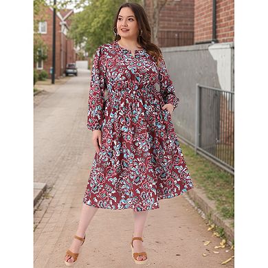 Plus Size Dresses for Women Boho Floral Notched V Neck Long Sleeve A Line Midi Dress with Pockets