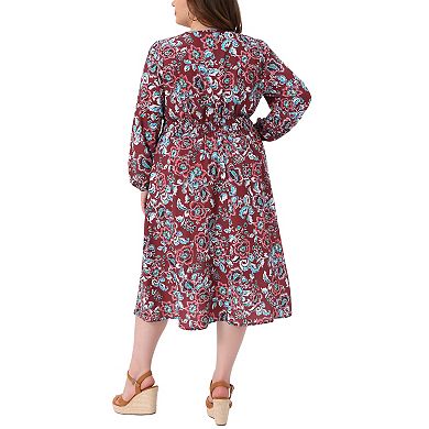 Plus Size Dresses for Women Boho Floral Notched V Neck Long Sleeve A Line Midi Dress with Pockets