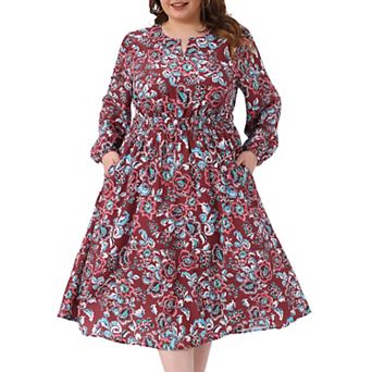 Plus Size Dresses for Women Boho Floral Notched V Neck Long Sleeve A Line Midi Dress with Pockets
