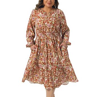 Plus Size Dresses for Women Boho Floral Notched V Neck Long Sleeve A Line Midi Dress with Pockets