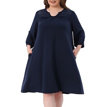Women's Plus Size Dress Eyelet Hollow Out Notched V Neck 3/4 Sleeve Midi T Shirt Dress with Pockets