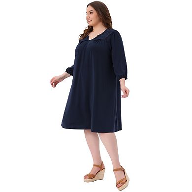 Women's Plus Size Dress Eyelet Hollow Out Notched V Neck 3/4 Sleeve Midi T Shirt Dress with Pockets
