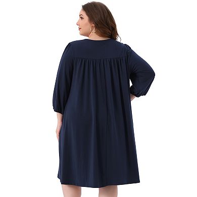 Women's Plus Size Dress Eyelet Hollow Out Notched V Neck 3/4 Sleeve Midi T Shirt Dress with Pockets