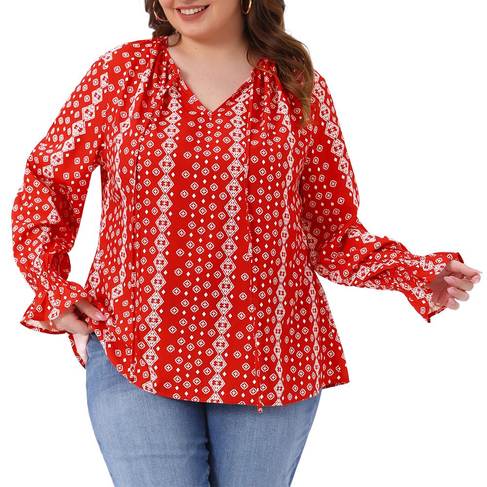 Plus Size Printed Collared Neck Half Button Top