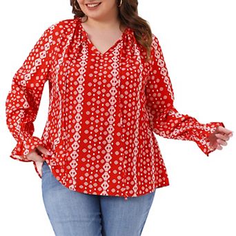 Plus Size Tops for Women Notch V Neck Drawstring Tassel Tie Long Sleeve Printed Shirts Blouses