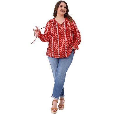 Plus Size Tops for Women Notch V Neck Drawstring Tassel Tie Long Sleeve Printed Shirts Blouses