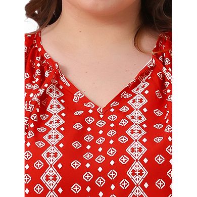 Plus Size Tops for Women Notch V Neck Drawstring Tassel Tie Long Sleeve Printed Shirts Blouses
