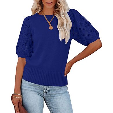 Womens Sweaters Crewneck Knit Pullover Tops Summer Lightweight Diamond Crochet Sleeve Blouse Shirt