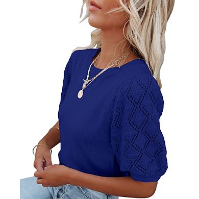 Womens Sweaters Crewneck Knit Pullover Tops Summer Lightweight Diamond Crochet Sleeve Blouse Shirt