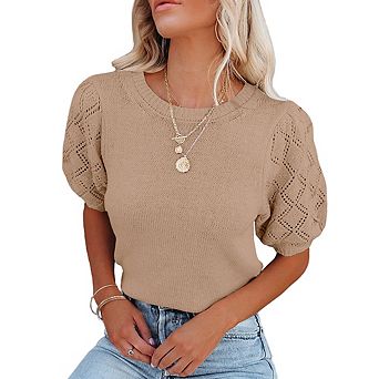 Womens Sweaters Crewneck Knit Pullover Tops Summer Lightweight Diamond Crochet Sleeve Blouse Shirt