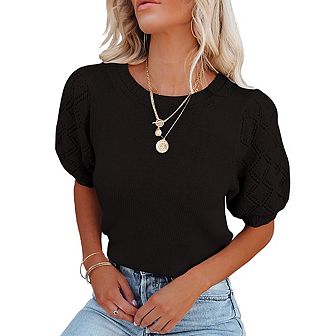 Womens Sweaters Crewneck Knit Pullover Tops Summer Lightweight Diamond Crochet Sleeve Blouse Shirt