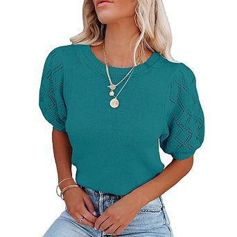 Womens Sweaters Crewneck Knit Pullover Tops Summer Lightweight Diamond Crochet Sleeve Blouse Shirt