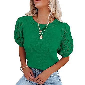 Womens Sweaters Crewneck Knit Pullover Tops Summer Lightweight Diamond Crochet Sleeve Blouse Shirt