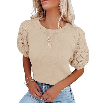 Womens Sweaters Crewneck Knit Pullover Tops Summer Lightweight Diamond Crochet Sleeve Blouse Shirt