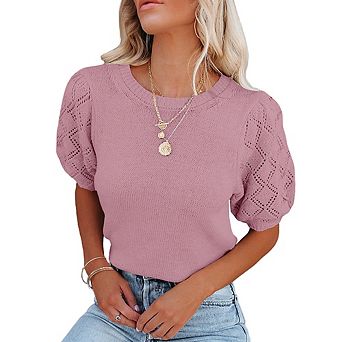 Womens Sweaters Crewneck Knit Pullover Tops Summer Lightweight Diamond Crochet Sleeve Blouse Shirt