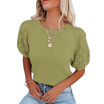 Womens Sweaters Crewneck Knit Pullover Tops Summer Lightweight Diamond Crochet Sleeve Blouse Shirt