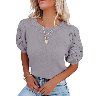 Womens Sweaters Crewneck Knit Pullover Tops Summer Lightweight Diamond Crochet Sleeve Blouse Shirt