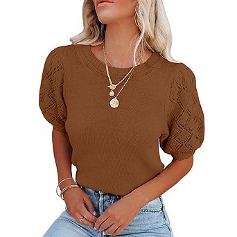 Womens Sweaters Crewneck Knit Pullover Tops Summer Lightweight Diamond Crochet Sleeve Blouse Shirt